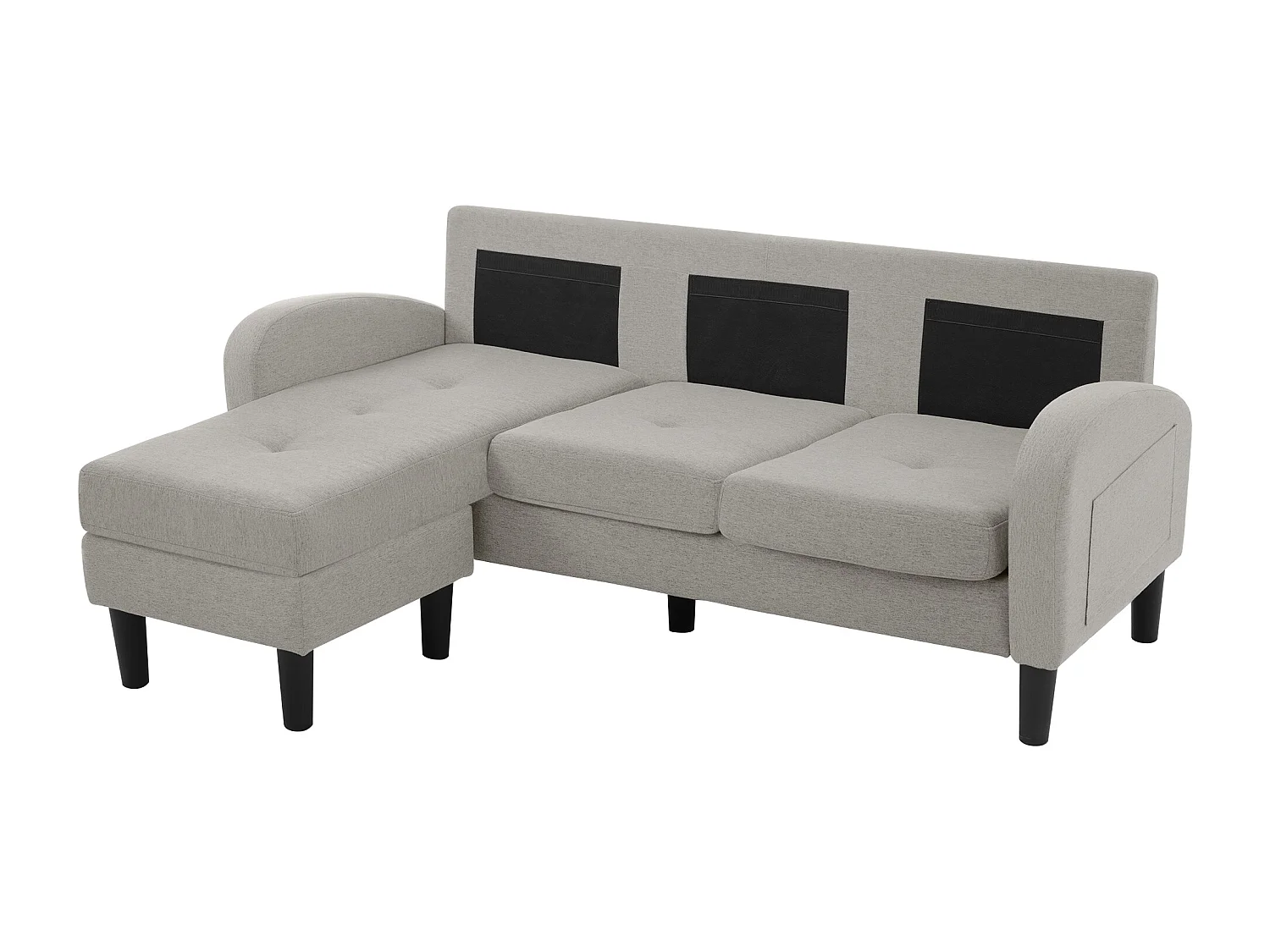 Canapé d'angle 3 places en L gris, tissu coton et lin, pieds en plastique, 166 x 118 x 77 cm