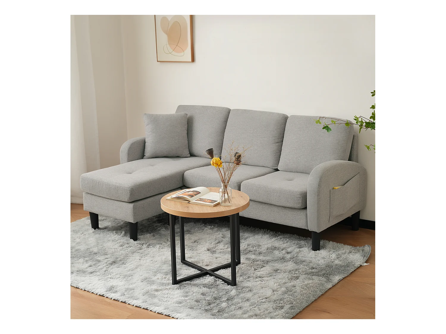 Canapé d'angle 3 places en L gris, tissu coton et lin, pieds en plastique, 166 x 118 x 77 cm