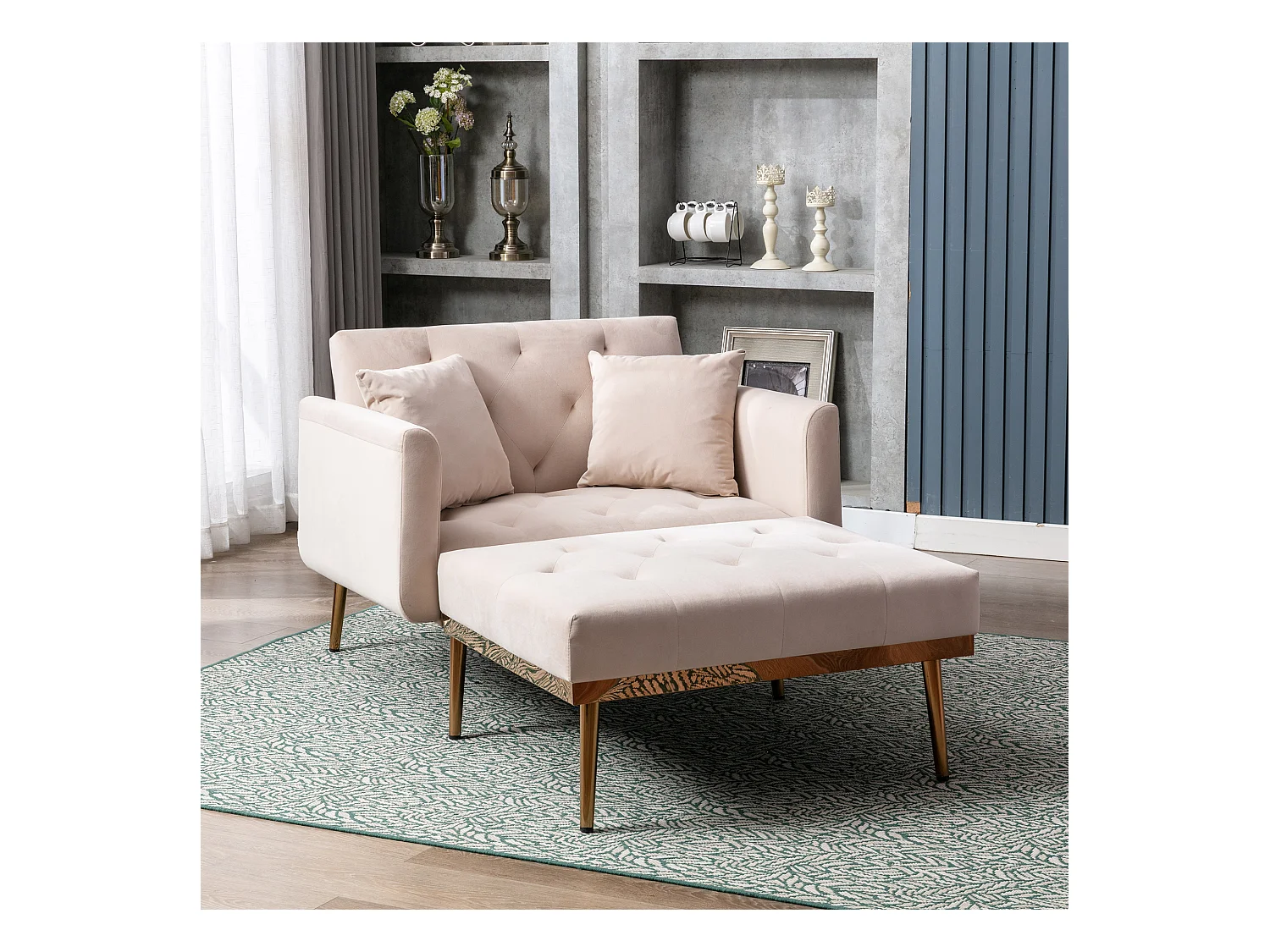Fauteuil convertible en velours beige avec dossier réglable sur 3 positions 165x90x77cm