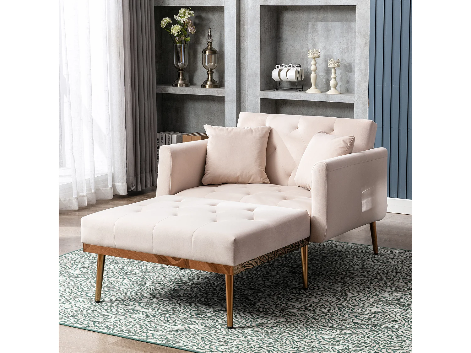 Poltrona convertível em veludo bege com encosto regulável em 3 posições 165x90x77cm