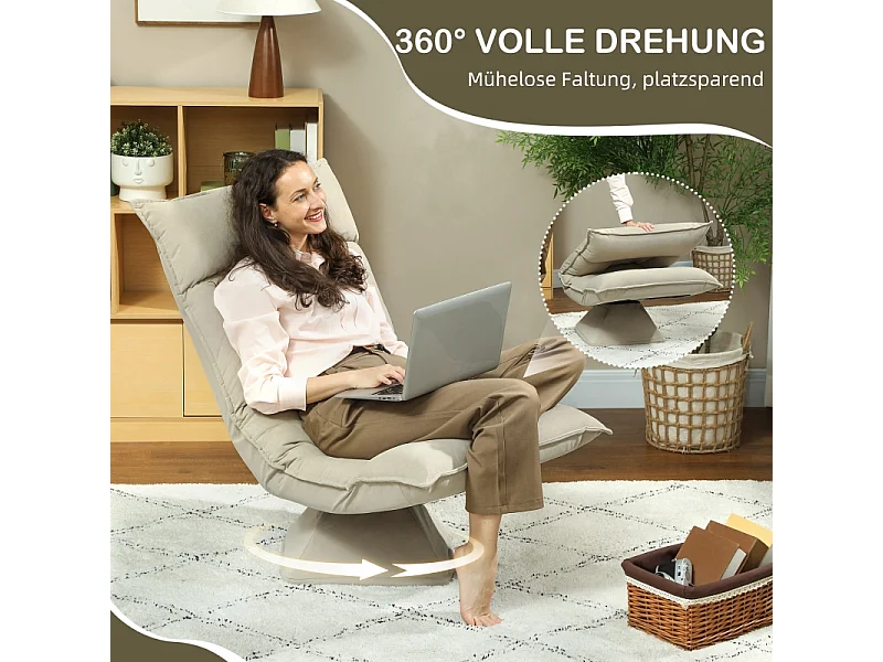 Fauteuil de sol beige avec dossier réglable sur 5 positions, pivotante, polyvalente et confortable
