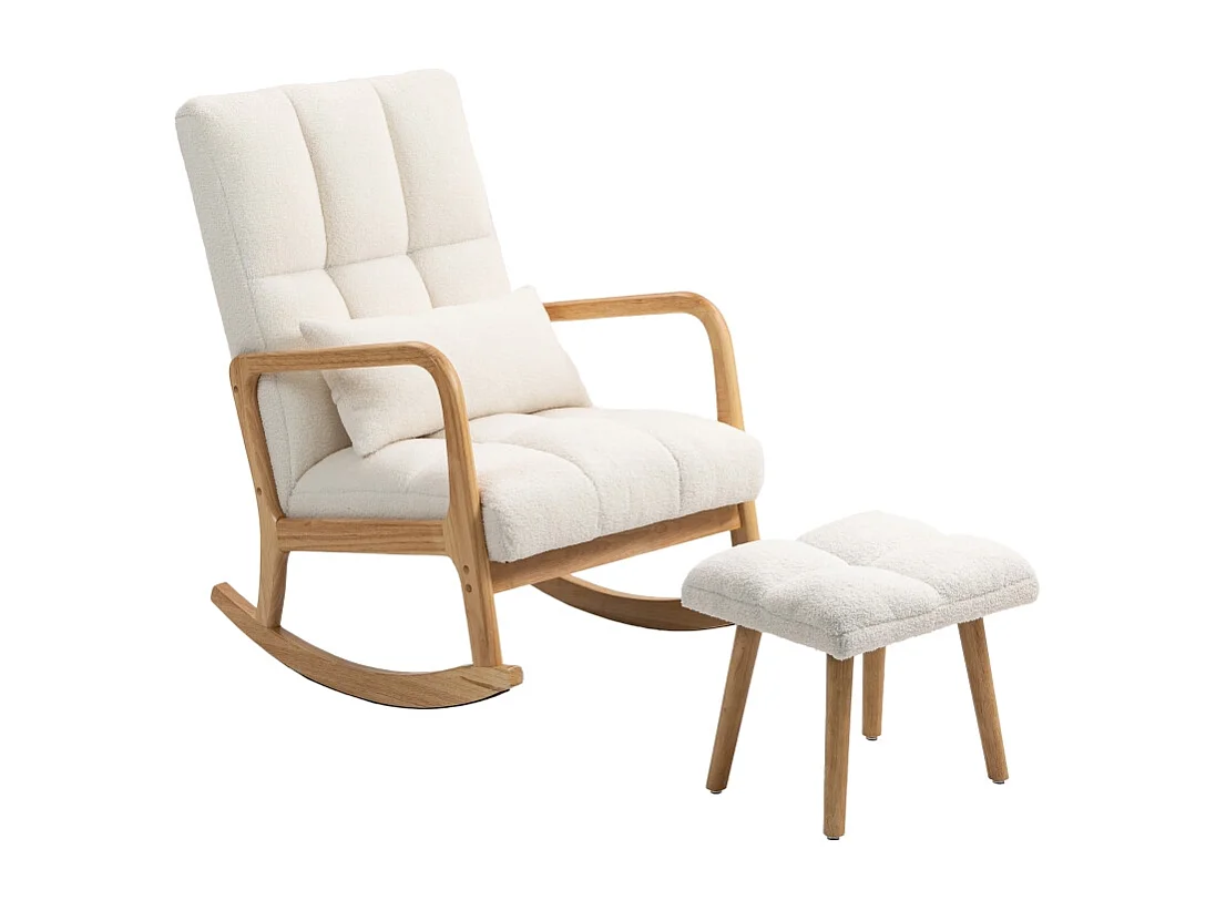 Rocking chair blanc et bois avec accoudoirs et repose-pieds, patins en bois
