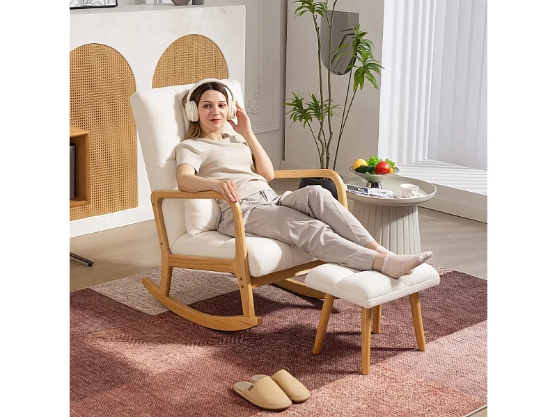 Rocking chair blanc et bois avec accoudoirs et repose-pieds, patins en bois