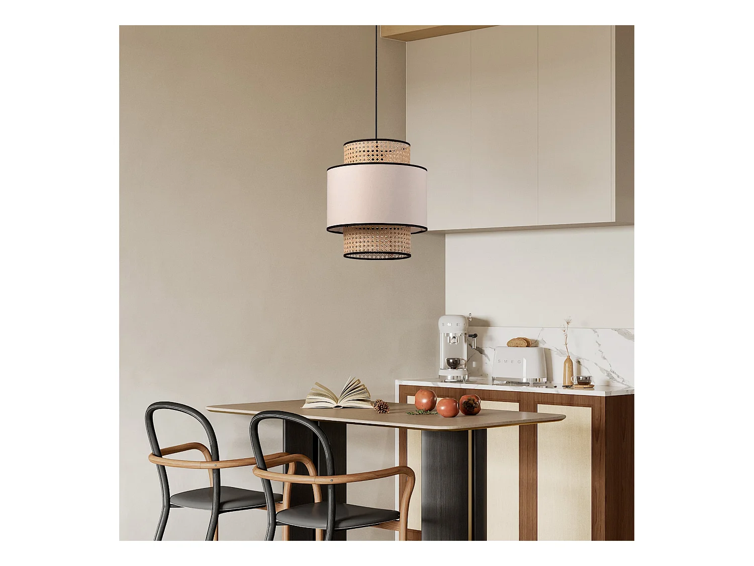 Lustre cylindrique en rotin et lin d40 cm x h48 cm