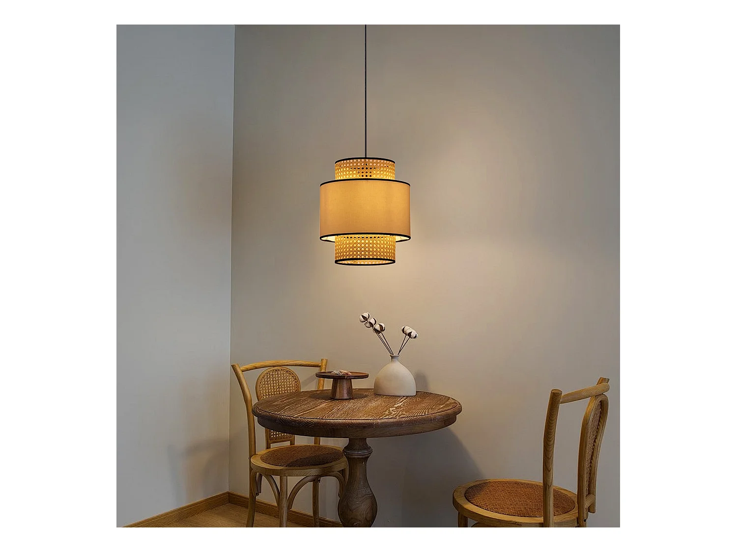 Lustre cylindrique en rotin et lin d40 cm x h48 cm