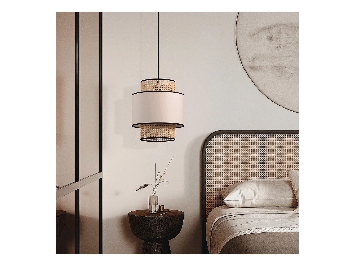 Lustre cylindrique en rotin et lin d40 cm x h48 cm