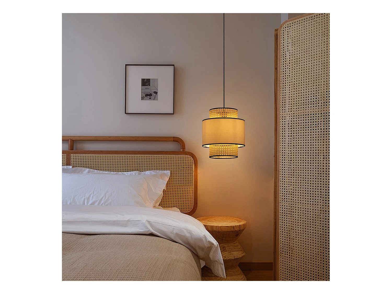 Lustre cylindrique en rotin et lin d40 cm x h48 cm