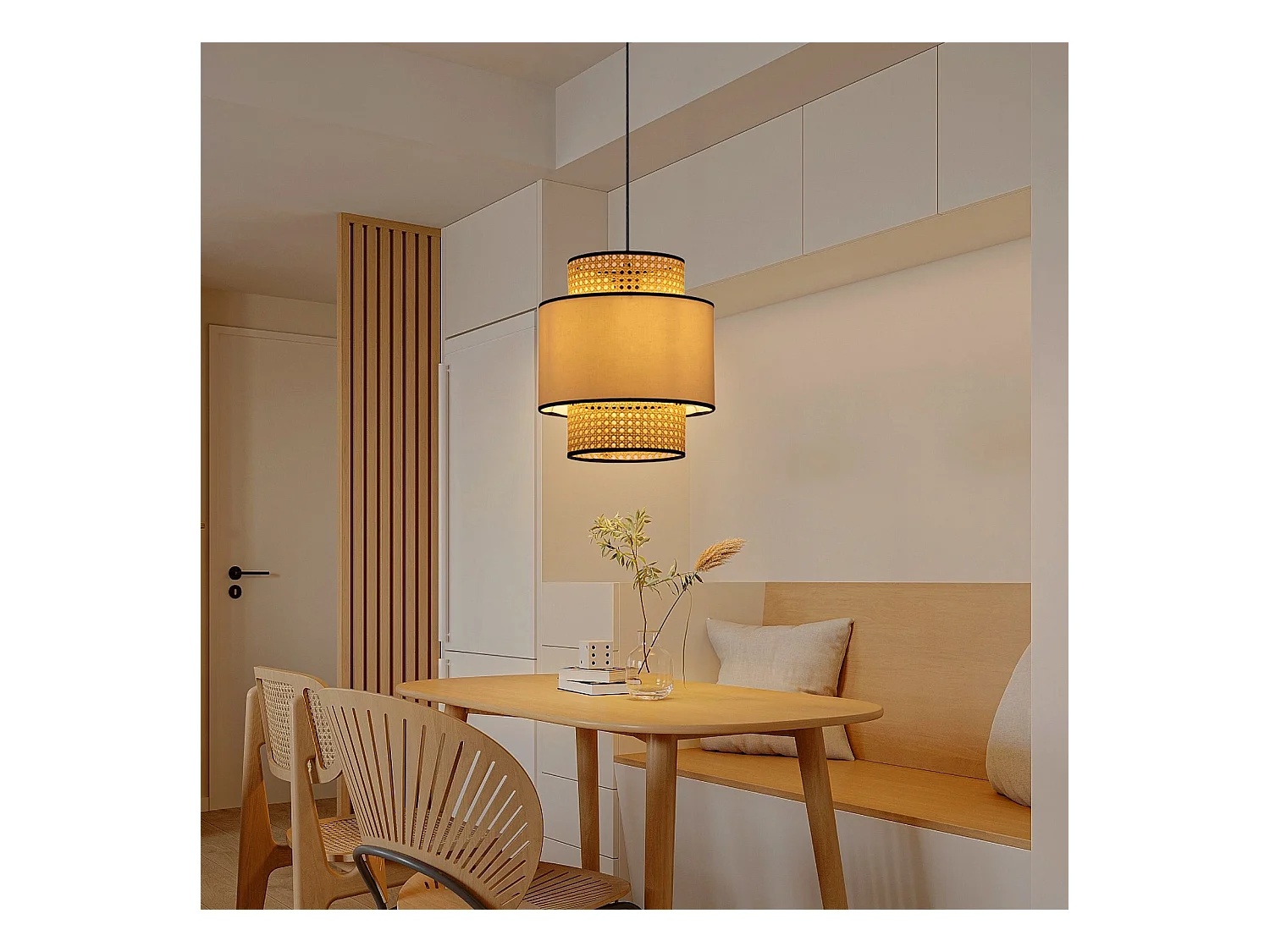 Lustre cylindrique en rotin et lin d40 cm x h48 cm