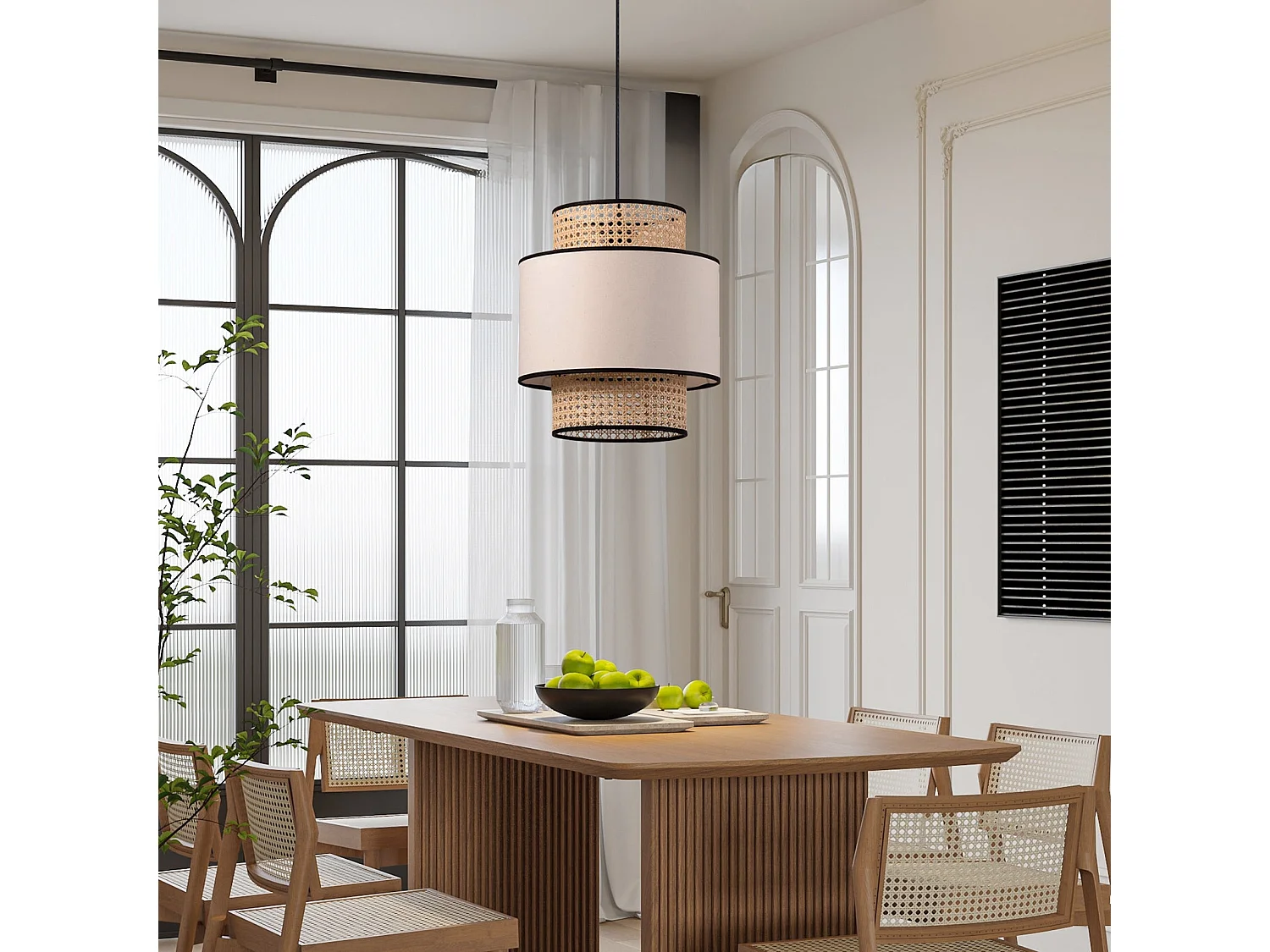 Lustre cylindrique en rotin et lin d40 cm x h48 cm