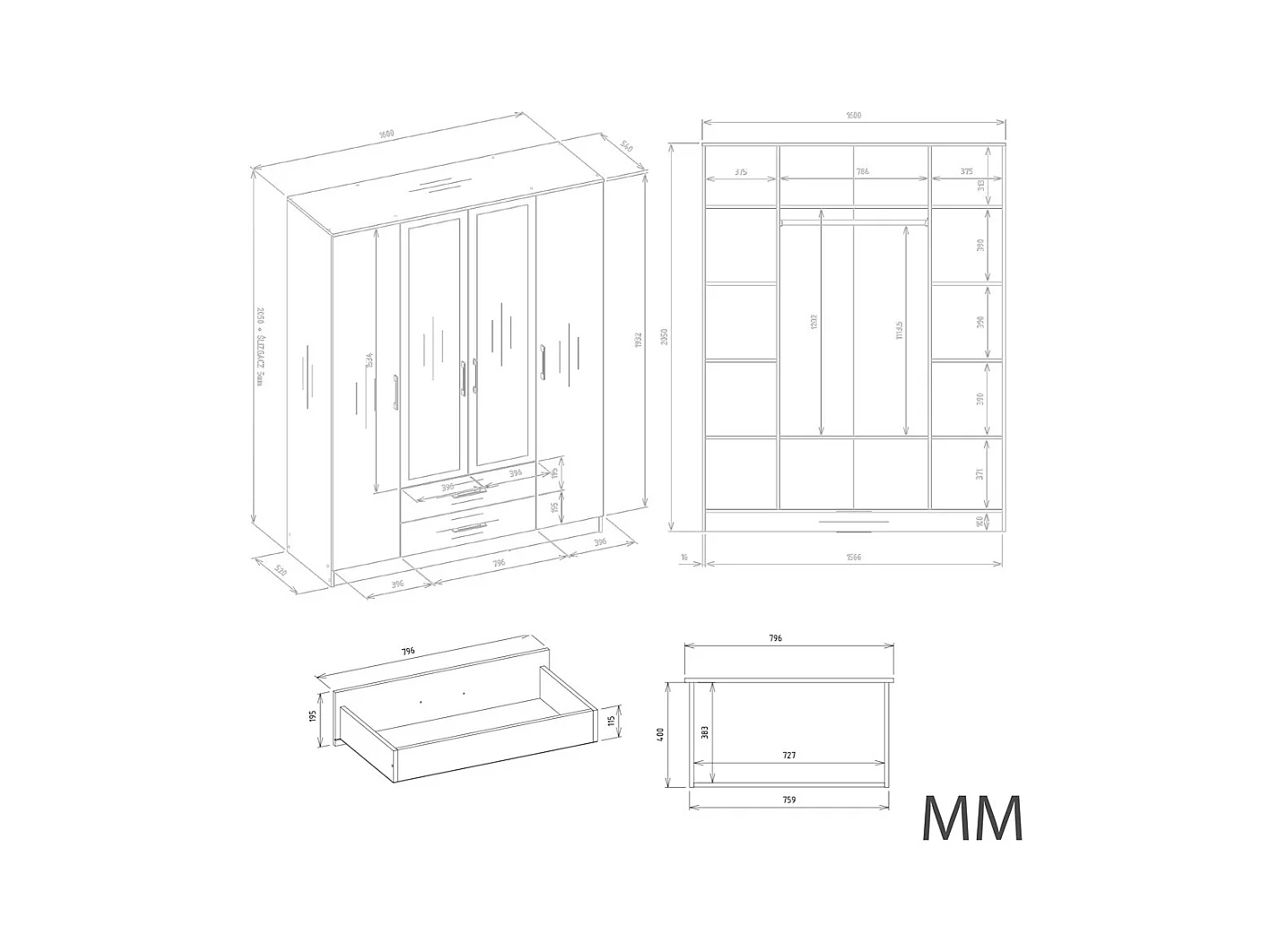 ROMA - Grande armoire de chambre 4 portes avec 2 miroirs - 160x52x205 cm - 2 tiroirs - Armoire avec penderie