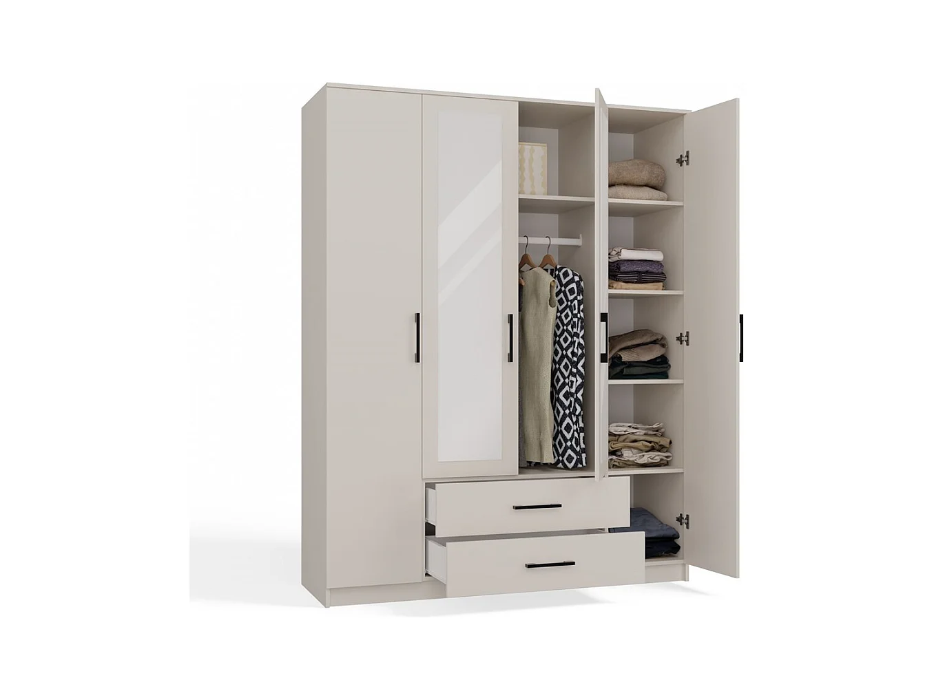 ROMA - Grande armoire de chambre 4 portes avec 2 miroirs - 160x52x205 cm - 2 tiroirs - Armoire avec penderie