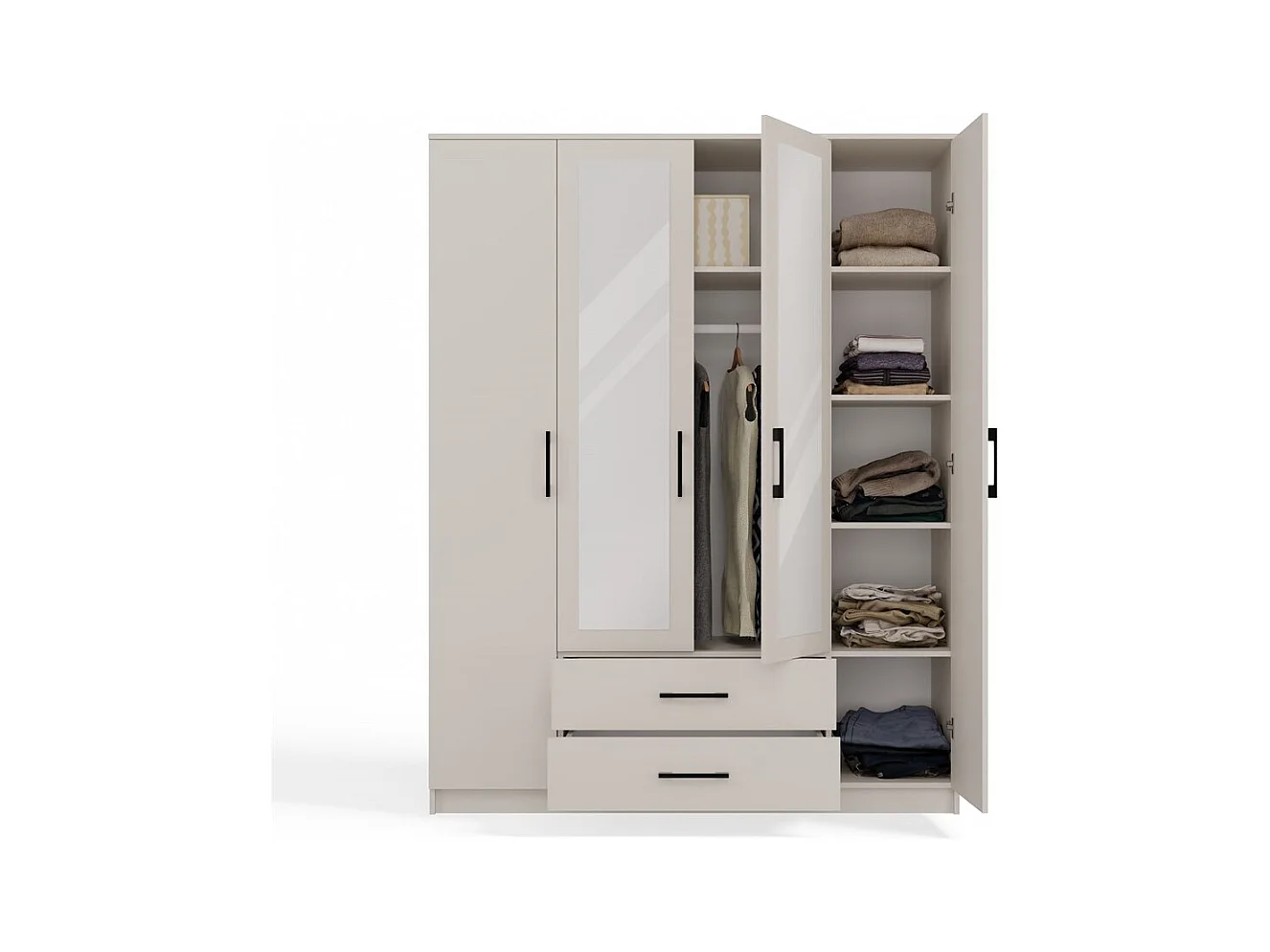 ROMA - Grande armoire de chambre 4 portes avec 2 miroirs - 160x52x205 cm - 2 tiroirs - Armoire avec penderie