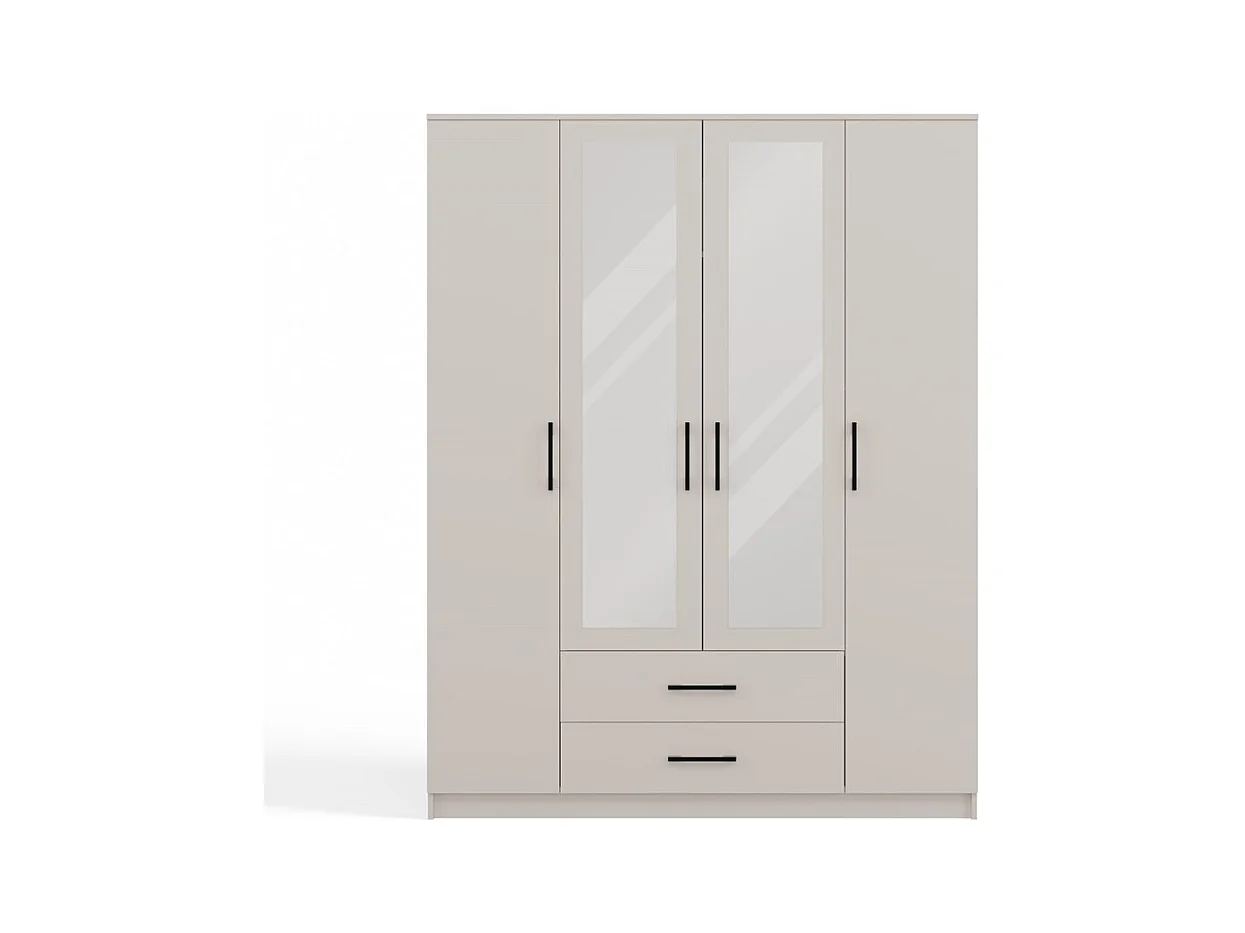 ROMA - Grande armoire de chambre 4 portes avec 2 miroirs - 160x52x205 cm - 2 tiroirs - Armoire avec penderie