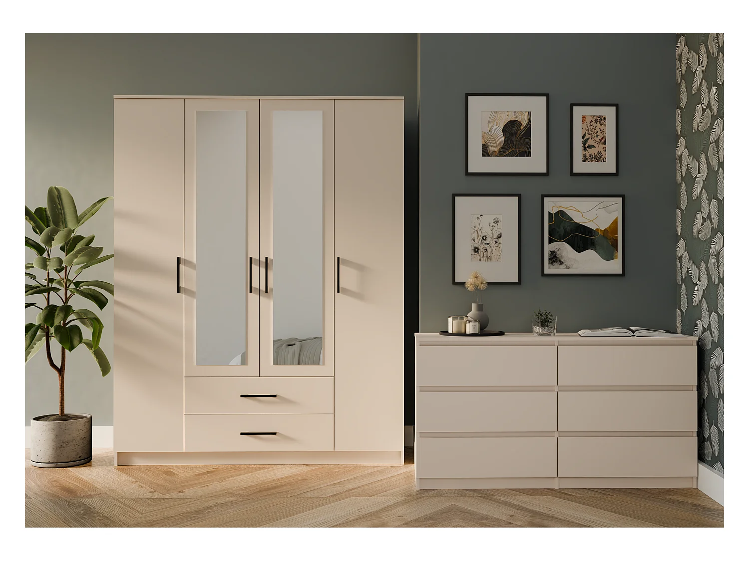 Szafa ROMANA 160 |  Kaszmir | 160x52x205 cm | Lustro 2 Szuflady 4 Drzwi