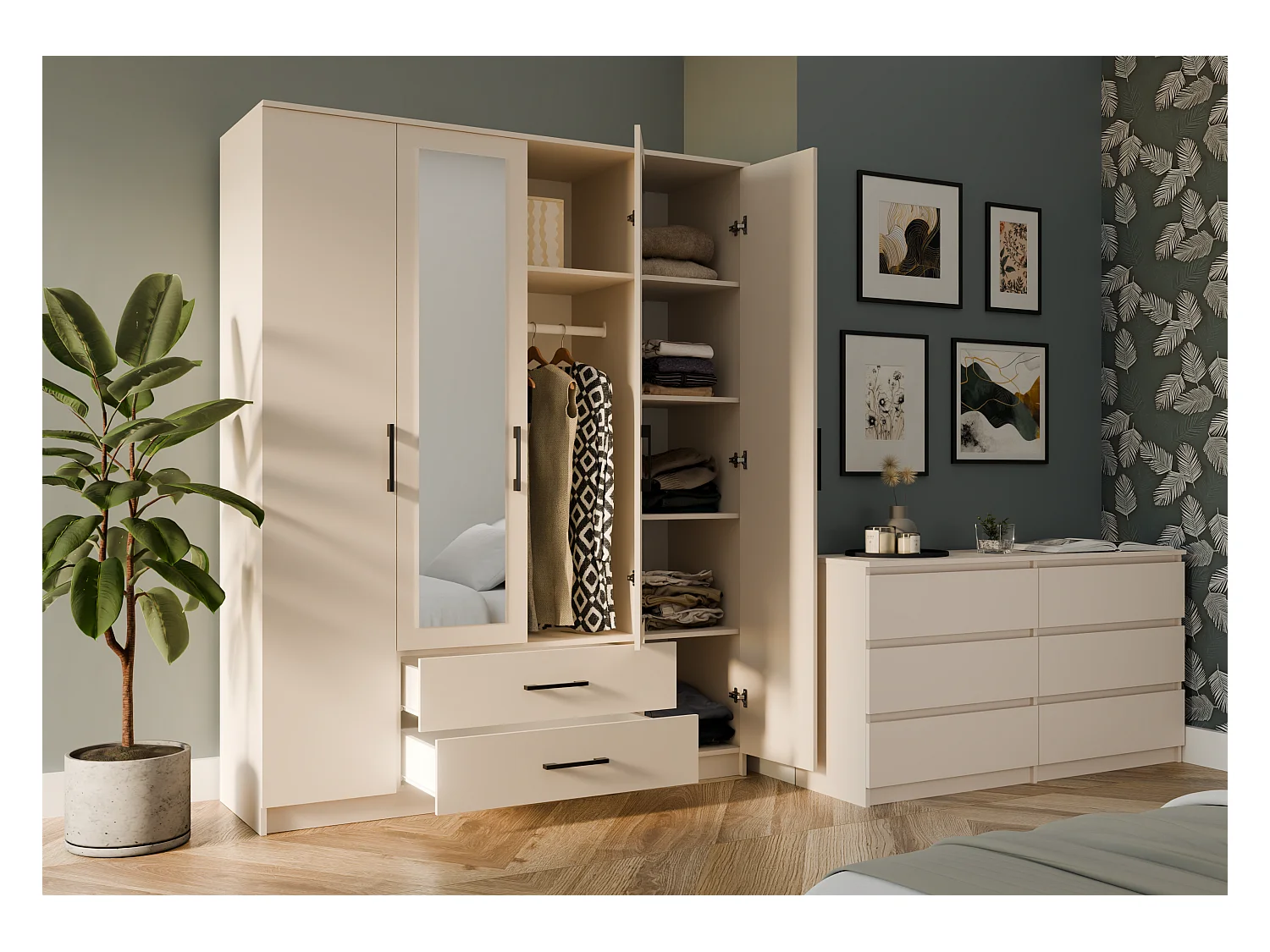 Szafa ROMANA 160 |  Kaszmir | 160x52x205 cm | Lustro 2 Szuflady 4 Drzwi