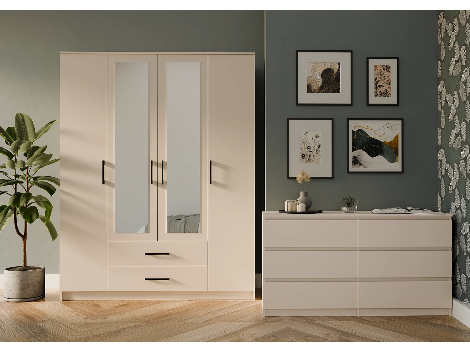 ROMA - Armario de 160 cm con espejo y 2 cajones – Beige cachemira