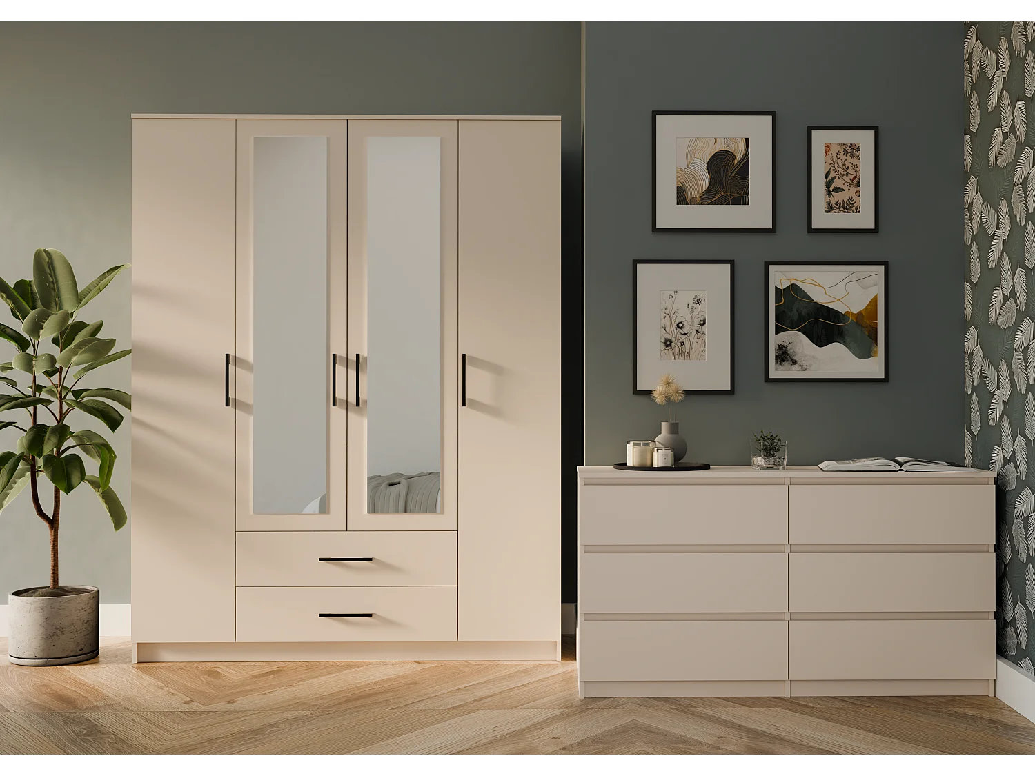 Szafa ROMANA 160 |  Kaszmir | 160x54x205 cm | Lustro 2 Szuflady 4 Drzwi