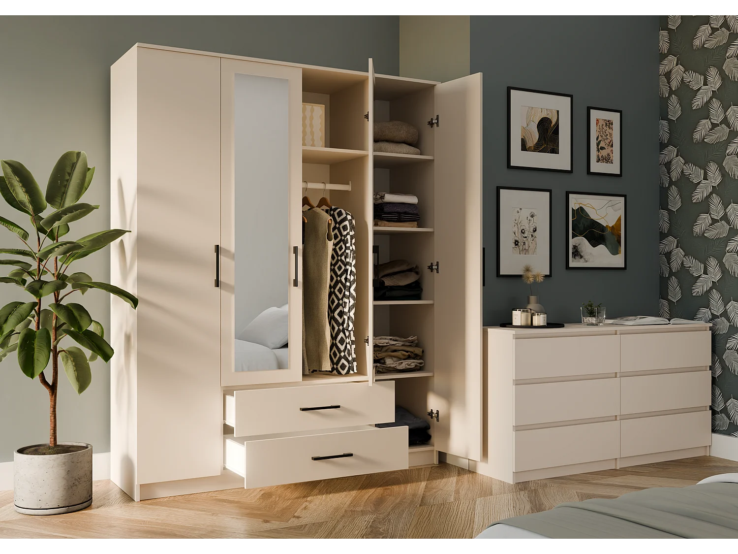 Szafa ROMANA 160 |  Kaszmir | 160x54x205 cm | Lustro 2 Szuflady 4 Drzwi