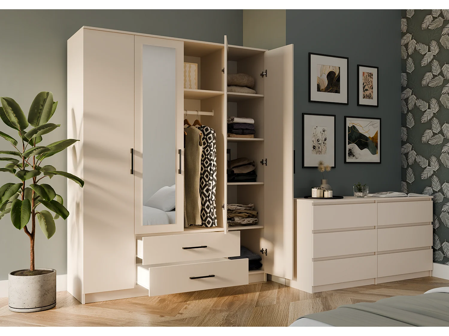 Szafa ROMANA 160 |  Kaszmir | 160x54x205 cm | Lustro 2 Szuflady 4 Drzwi