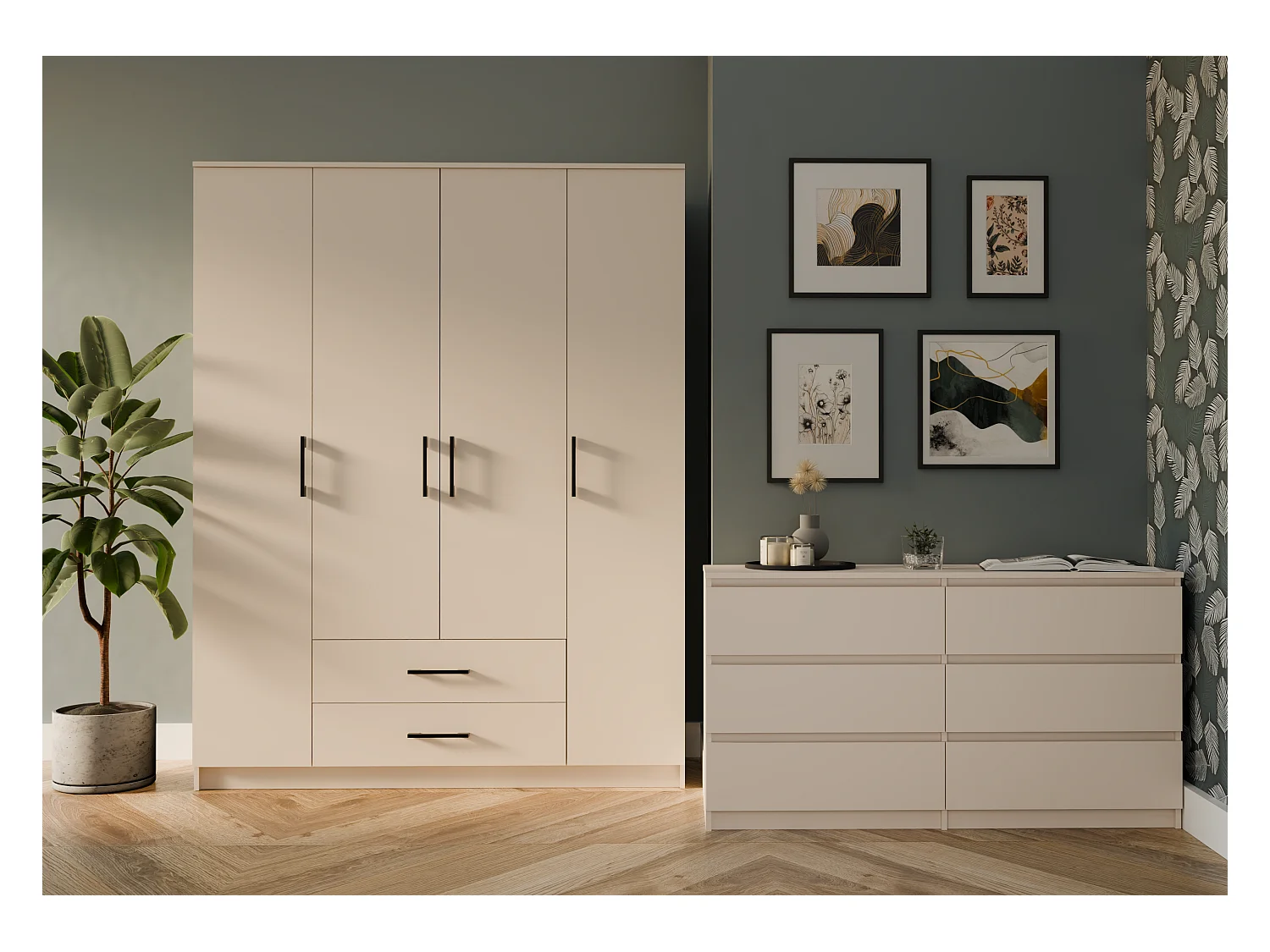 ROMA - Armadio grande camera da letto a 4 ante - 160x52x205 cm - 2 cassetti - Armadio con vano appendiabiti