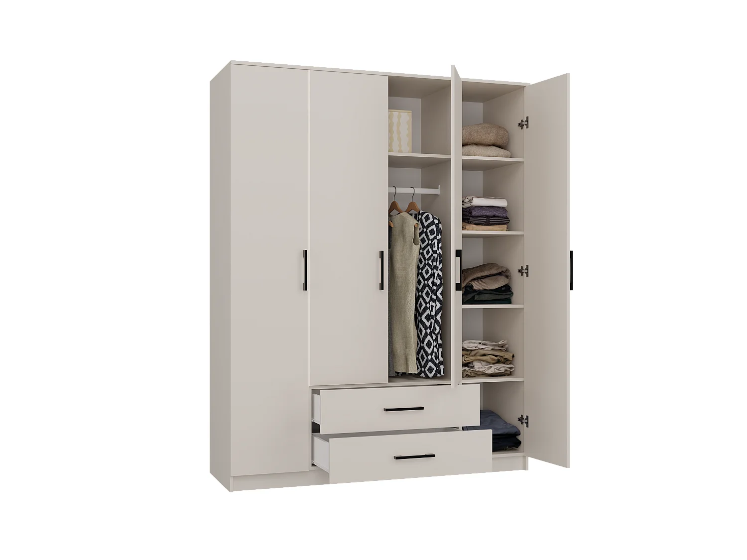 ROMA - Armadio grande camera da letto a 4 ante - 160x52x205 cm - 2 cassetti - Armadio con vano appendiabiti