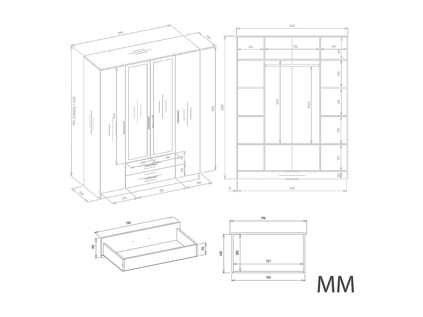 ROMA - Grande armoire de chambre 4 portes - 160x52x205 cm - 2 tiroirs - Armoire avec penderie