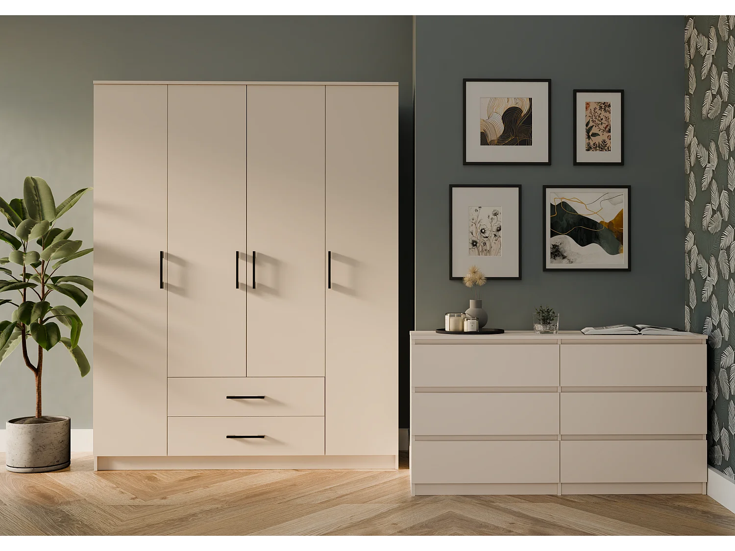 ROMA - Armadio grande camera da letto a 4 ante - 160x52x205 cm - 2 cassetti - Armadio con vano appendiabiti