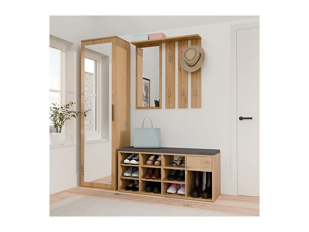 TALLIN Szafka na buty z siedziskiem i szufladą | 110x35x49 cm | Dąb Artisan |Przedpokój, Siedzisko