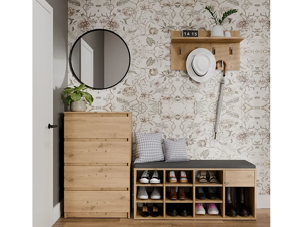 TALLIN Szafka na buty z siedziskiem i szufladą | 110x35x49 cm | Dąb Artisan |Przedpokój, Siedzisko