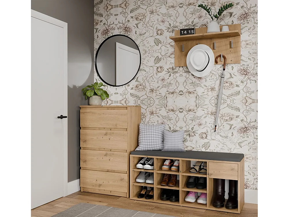 TALLIN Szafka na buty z siedziskiem i szufladą | 110x35x49 cm | Dąb Artisan |Przedpokój, Siedzisko