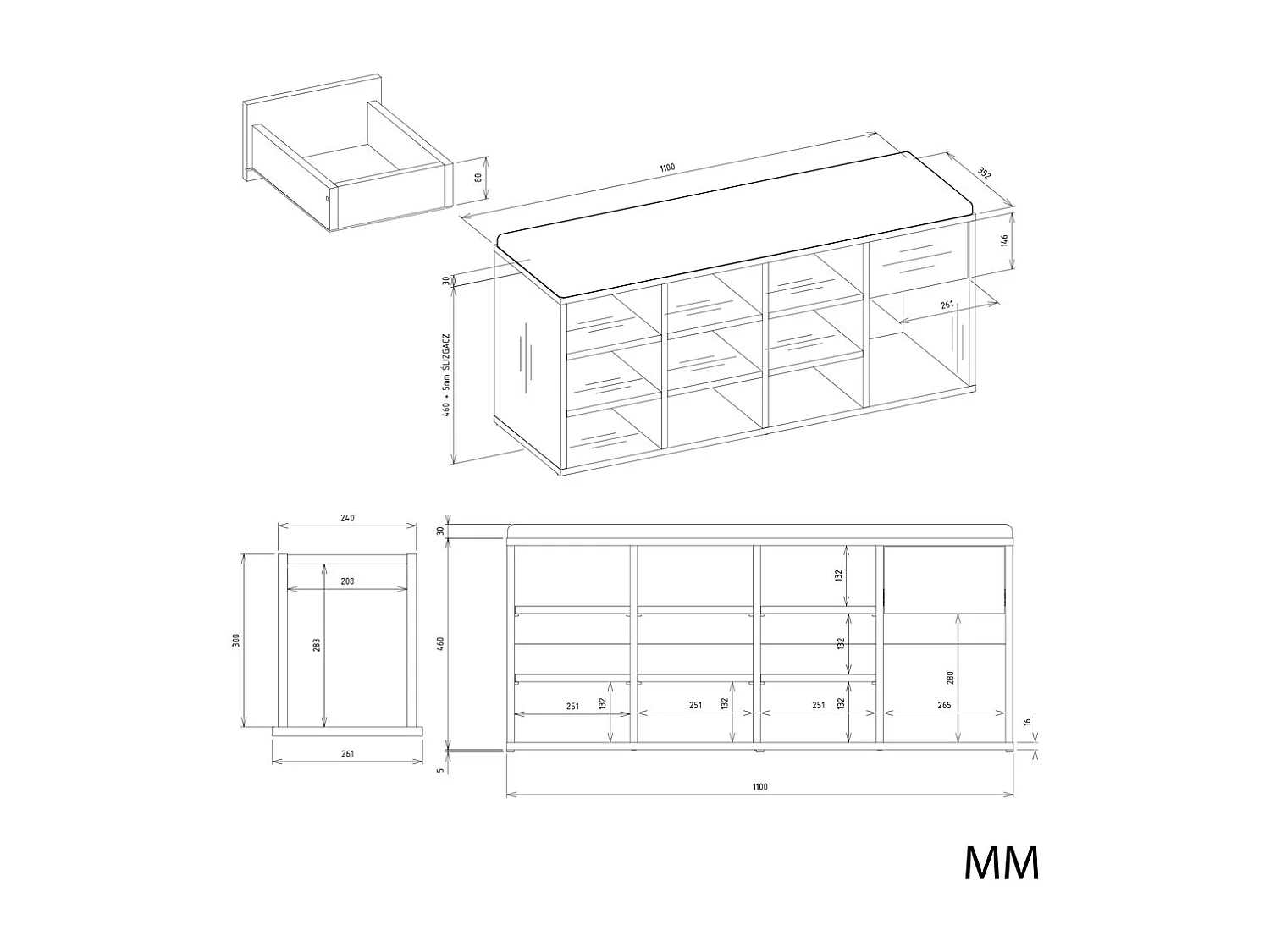 TALLIN - mobile porta scarpe aperto antracite e rovere artigianale per ingresso - 110×49×35 cm
