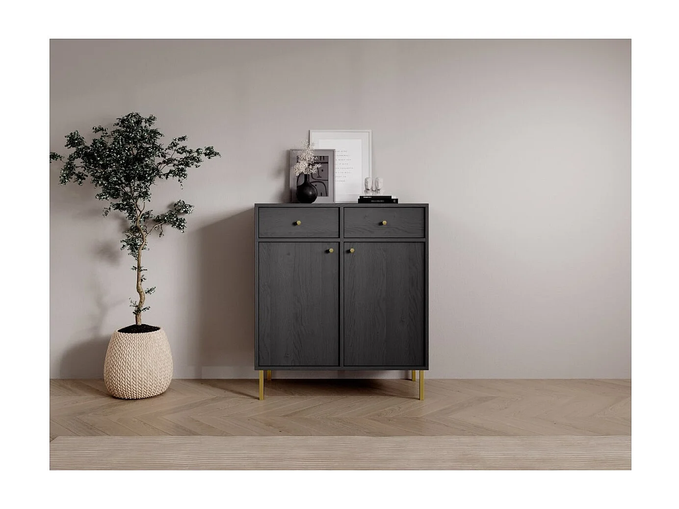 Sideboard Tuli Lux/Drehtüren/Schubladen/Möbelplatte/Schwarz