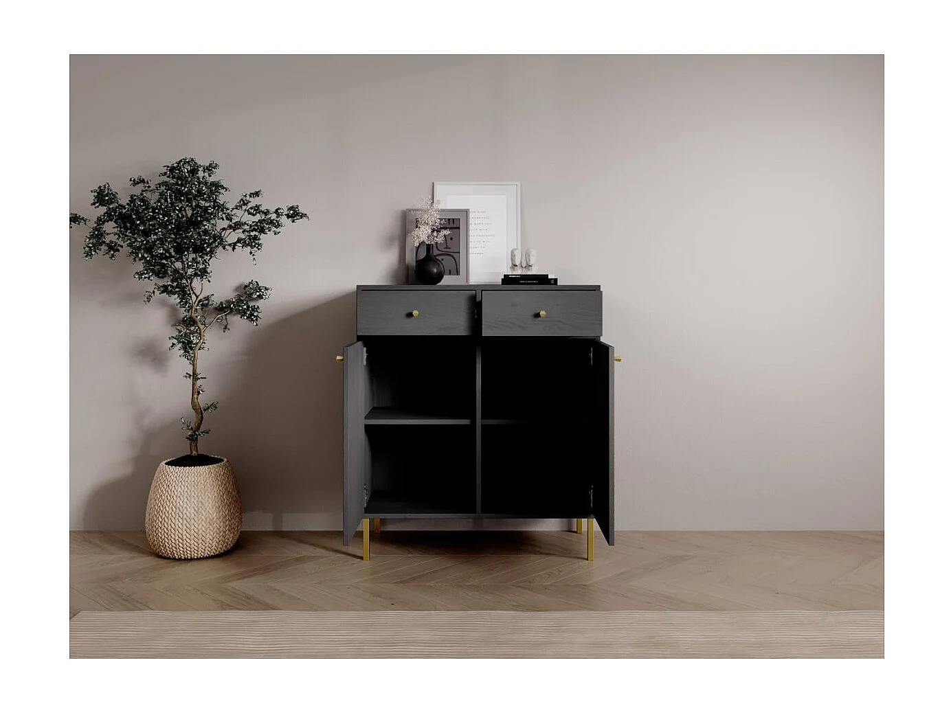 Sideboard Tuli Lux/Drehtüren/Schubladen/Möbelplatte/Schwarz