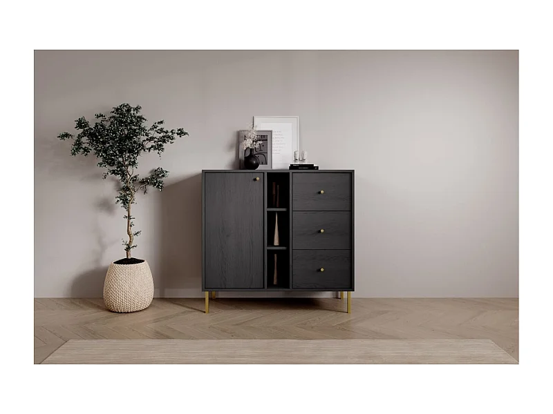 Buffet Tuli Compact/portes battantes/tiroirs/plateau de meuble/Noir