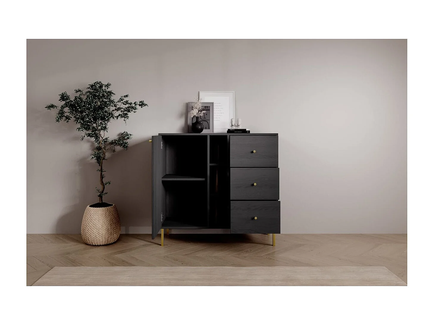 Buffet Tuli Compact/portes battantes/tiroirs/plateau de meuble/Noir