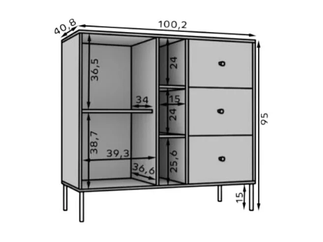 Buffet Tuli Compact/portes battantes/tiroirs/plateau de meuble/Noir