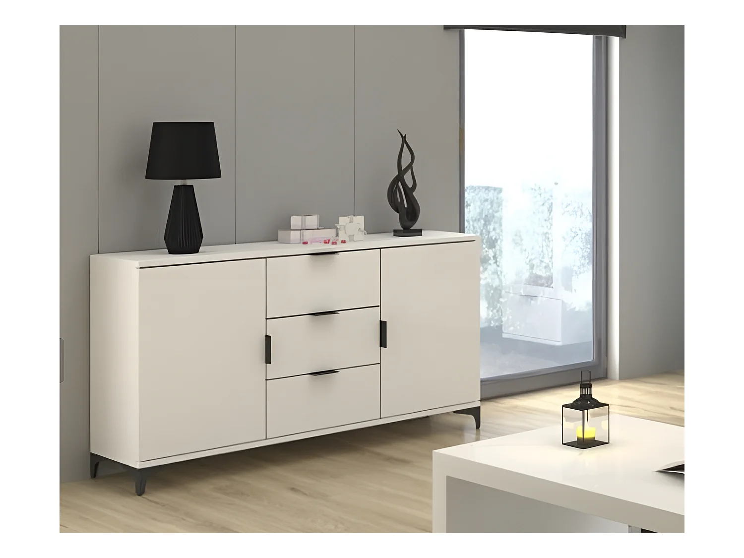 Sideboard Line IV/Drehtüren/Schubladen/Möbelplatte/Weiss