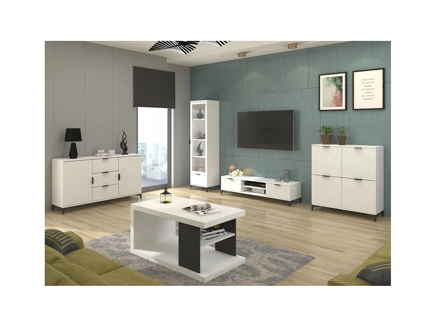 Sideboard Line IV/Drehtüren/Schubladen/Möbelplatte/Weiss