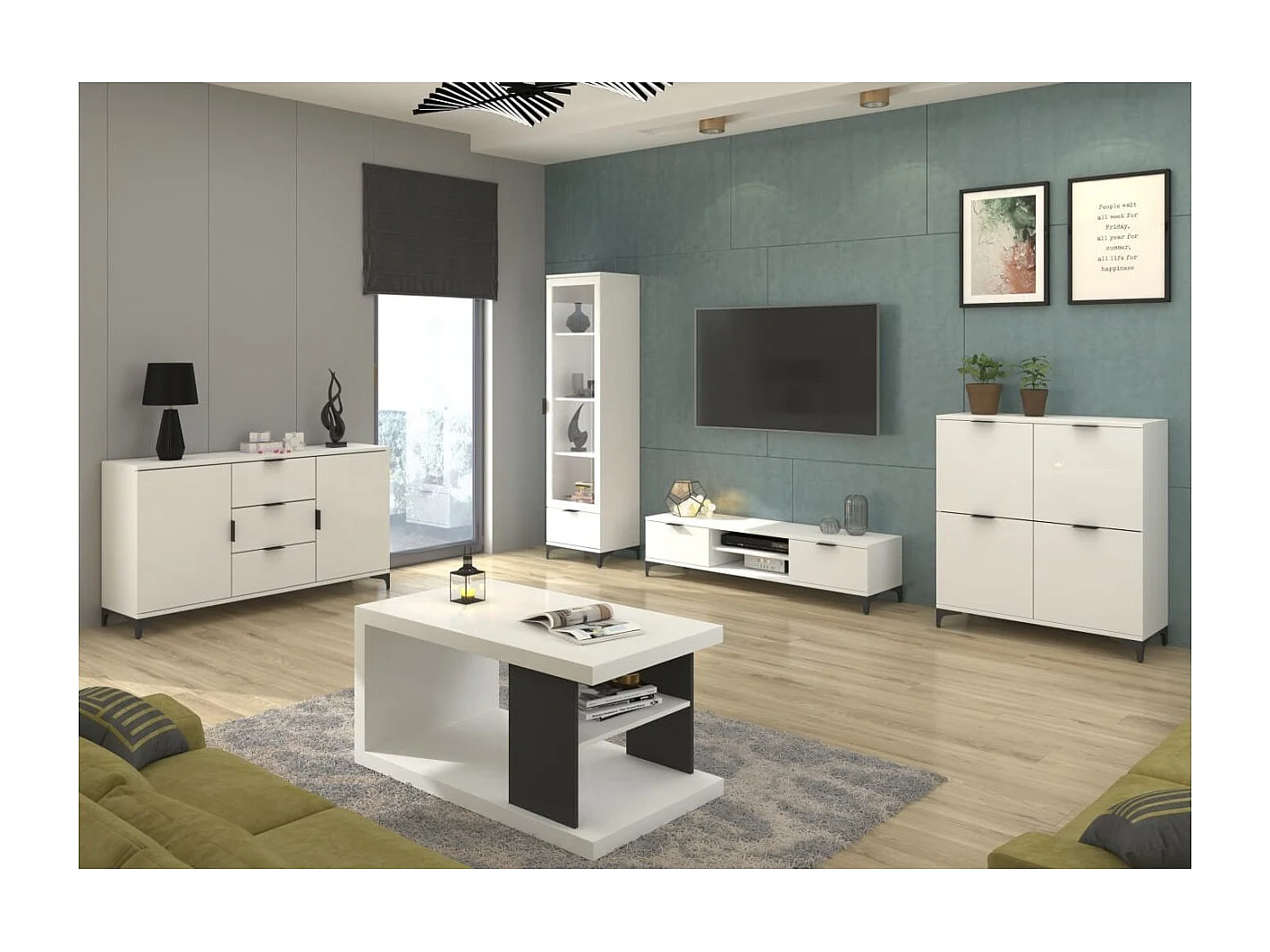 Sideboard Line IV/Drehtüren/Schubladen/Möbelplatte/Weiss