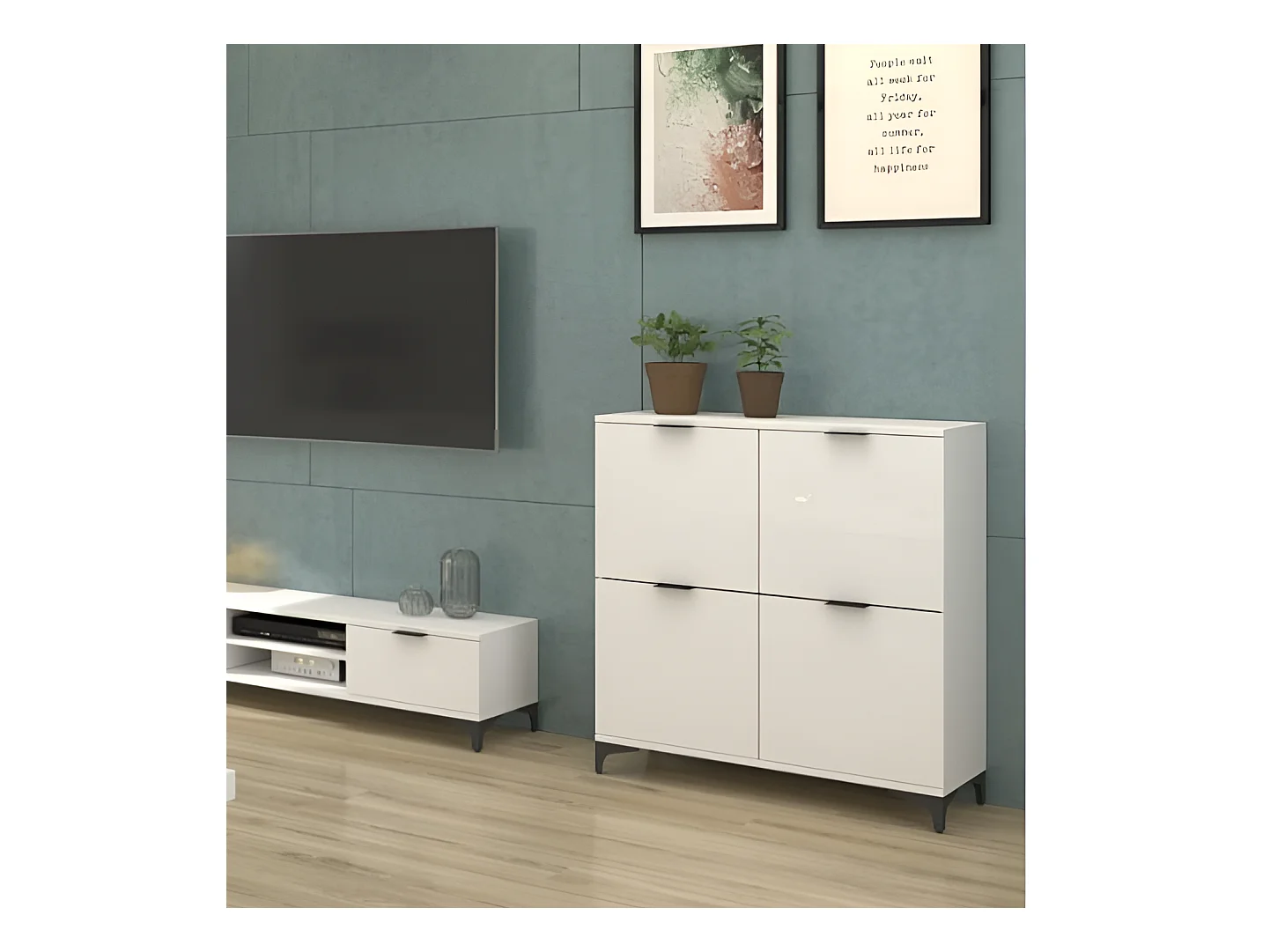 Sideboard Line II/Drehtüren/Möbelplatte/Weiss