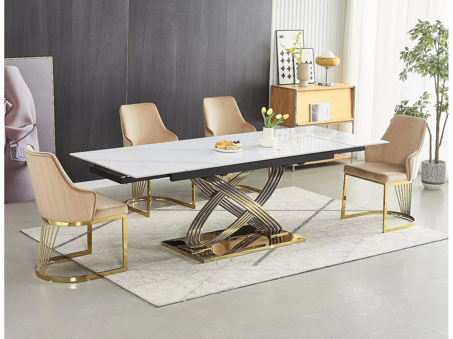 Table à manger Hernnes XL (90x160-240)/Céramique/Extensible/Blanc et Or