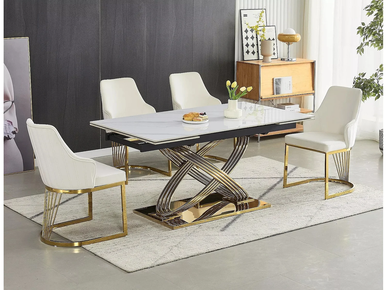 Table à manger Hernnes XL (90x160-240)/Céramique/Extensible/Blanc et Or