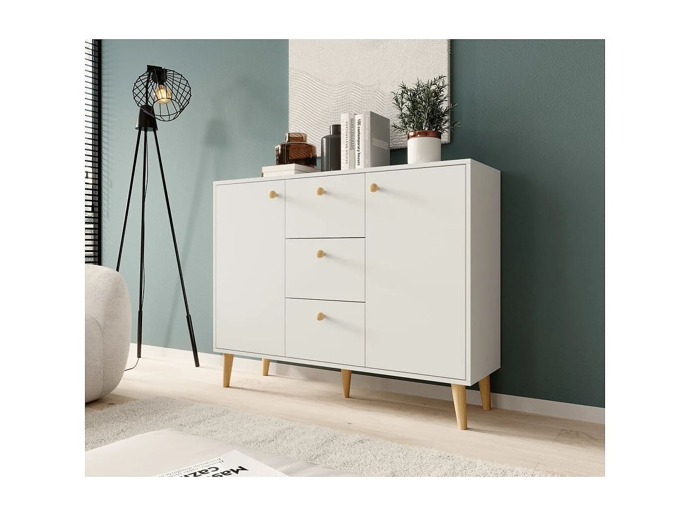Credenza Nala/ante girevoli/cassetti/piano del mobile/Bianco&Marrone