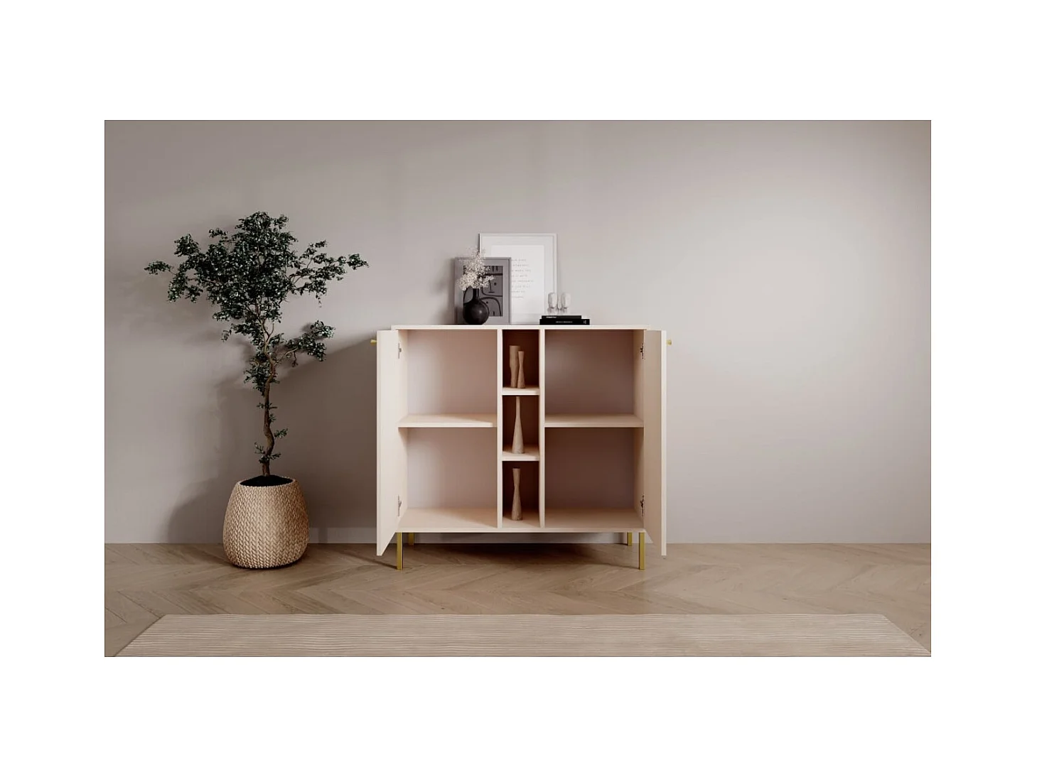 Sideboard Tuli Combo/Drehtüren/Möbelplatte/Beige