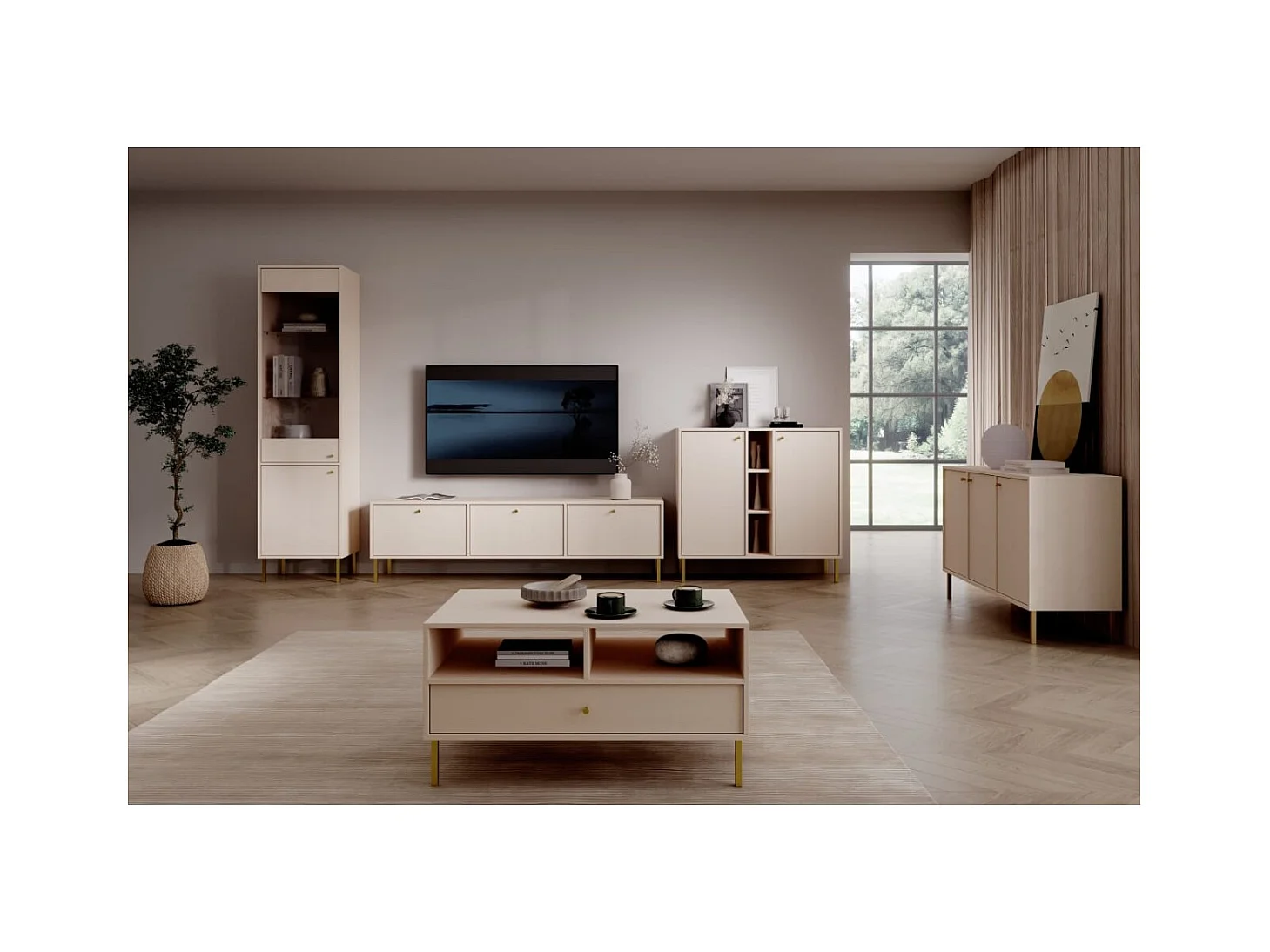 Sideboard Tuli Combo/Drehtüren/Möbelplatte/Beige