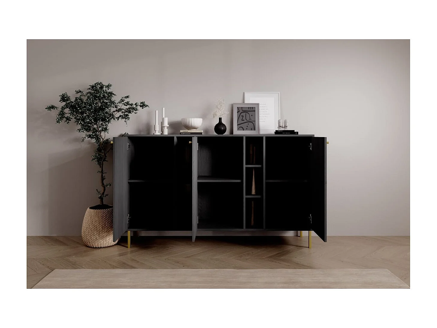 Sideboard Tuli Max/Drehtüren/Möbelplatte/Schwarz