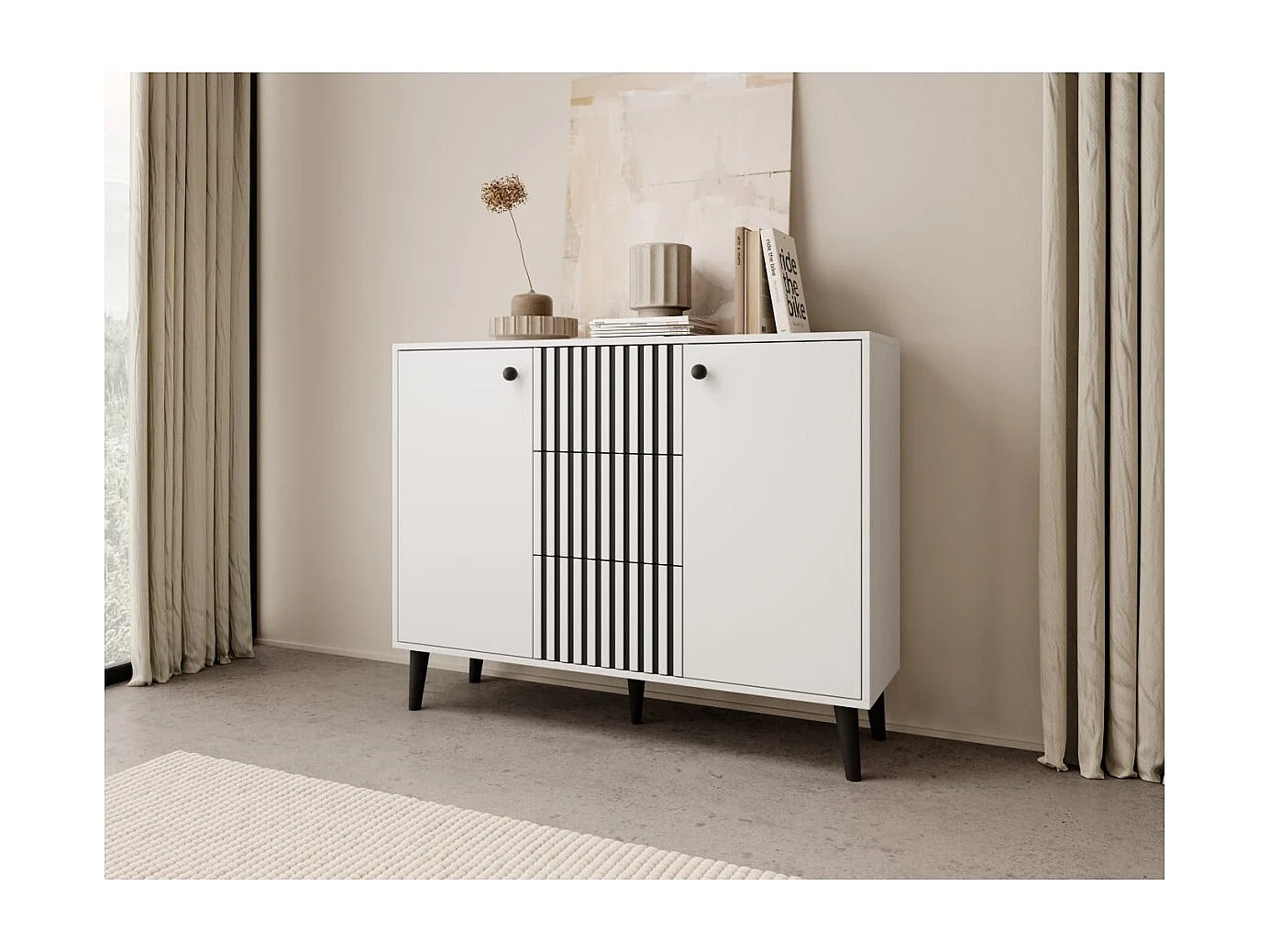 Sideboard Ilan/Drehtüren/Schubladen/Möbelplatte/Weiss&Schwarz