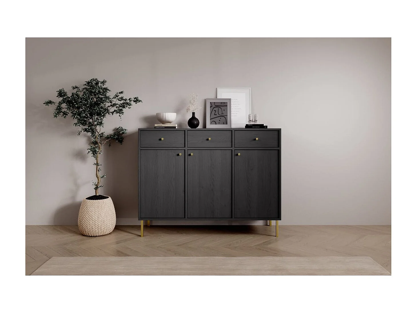 Credenza Tuli Line/ante a battente/cassetti/piano del mobile/Nero