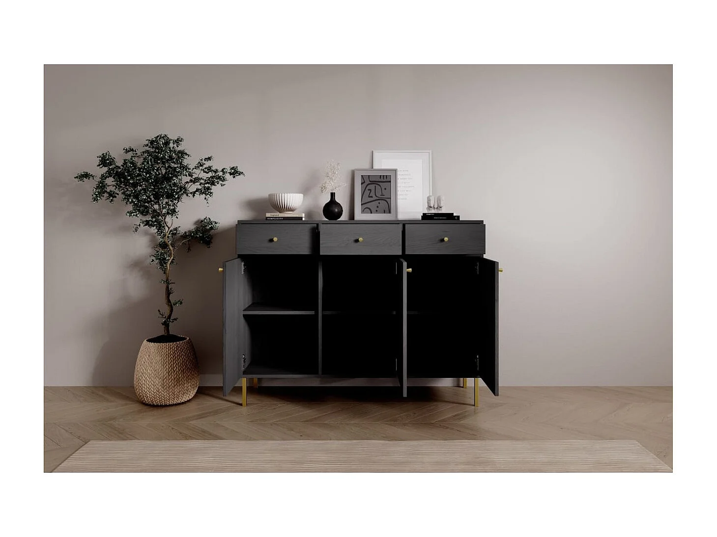Credenza Tuli Line/ante a battente/cassetti/piano del mobile/Nero