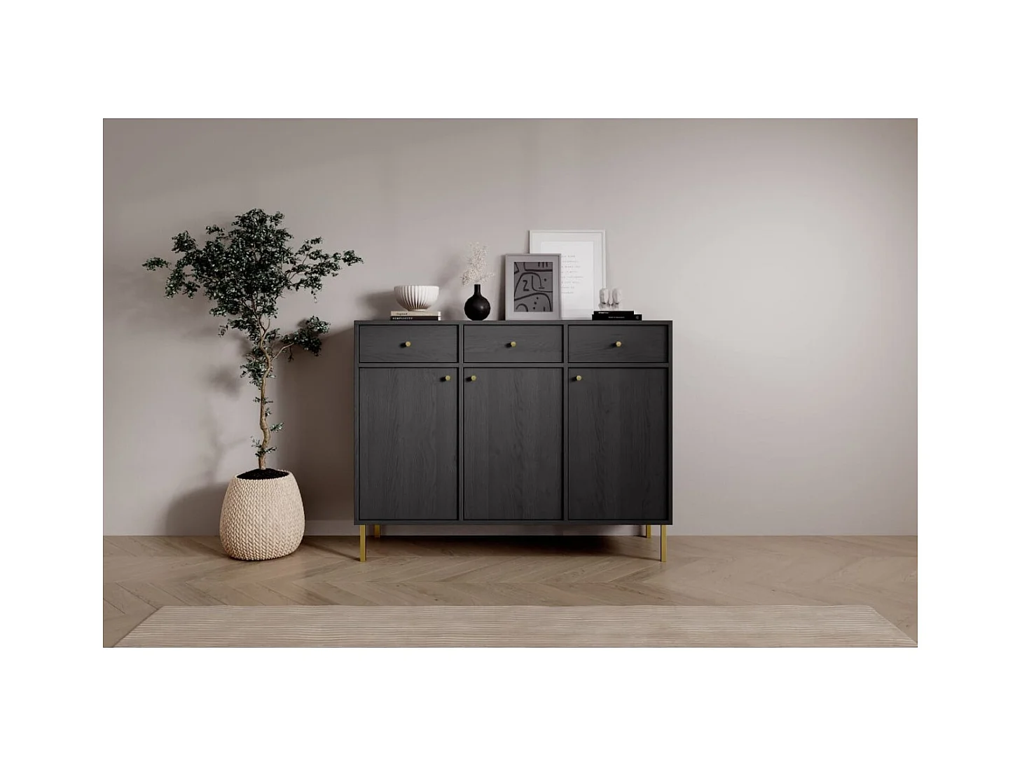 Sideboard Tuli Line/Drehtüren/Schubladen/Möbelplatte/Schwarz